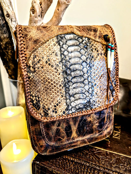 Bohemian Snakeskin Leather Hip Bag with Beaded Tassels