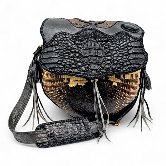 Artisan Armadillo Shell Bag with Alligator Hornback Crown, Obsidian Stone & Antler – One of a Kind