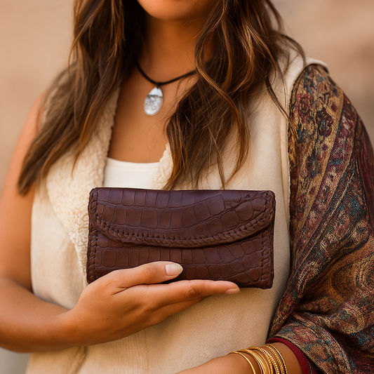 Coffee Brown Alligator Leather Clutch