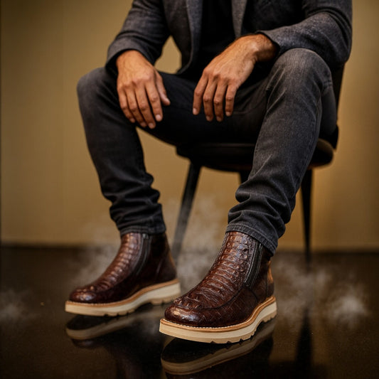 Person wearing brown leather boots with white soles sitting on a chair.