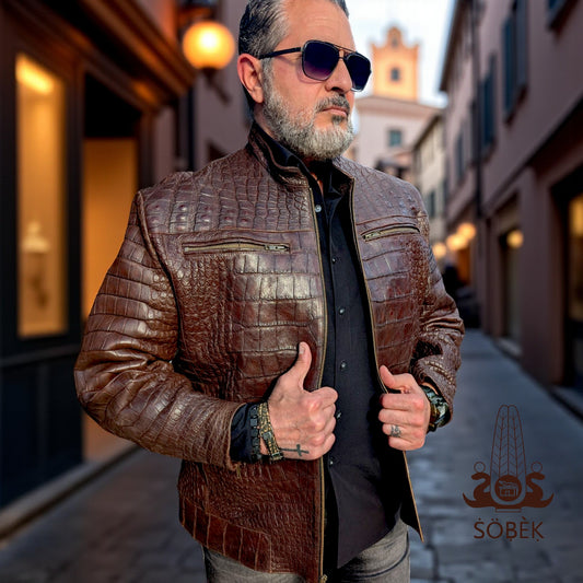 Brown Alligator Leather Bomber Jacket – Handmade Luxury Men’s Outerwear