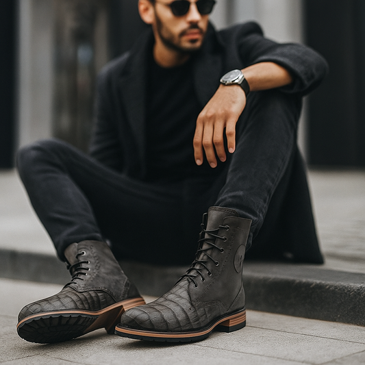 Men’s Alligator Lace-Up Combat Boots – Size 12 | Goodyear Welt | Handmade Exotic Leather Footwear