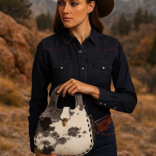 Blossom Tote in Speckled Cowhide and Woven Leather