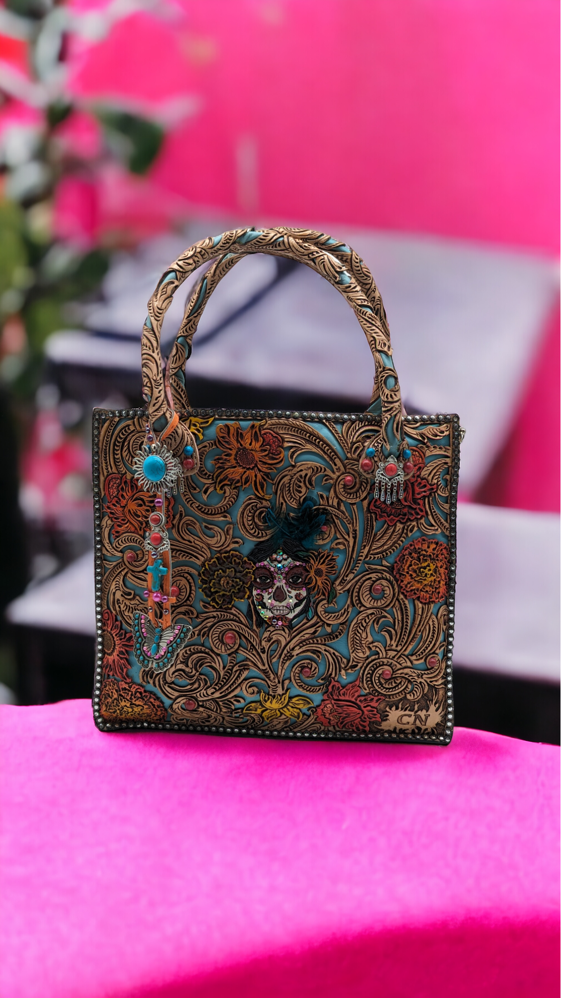 The Catrina Bag, Day of the Dead Western Hand Tooled Leather Handbag with Fox Tail and Butterfly Charm