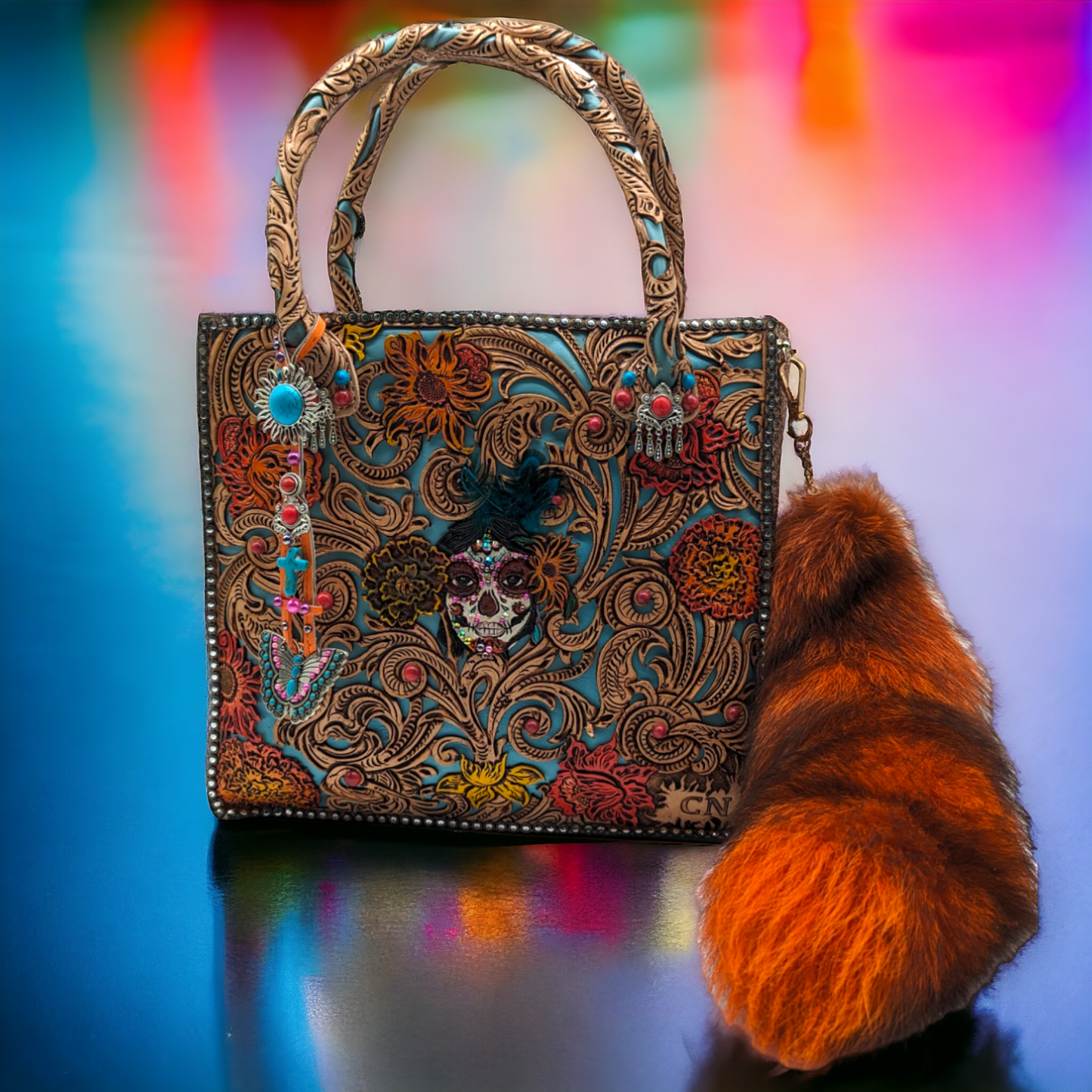 The Catrina Bag, Day of the Dead Western Hand Tooled Leather Handbag with Fox Tail and Butterfly Charm