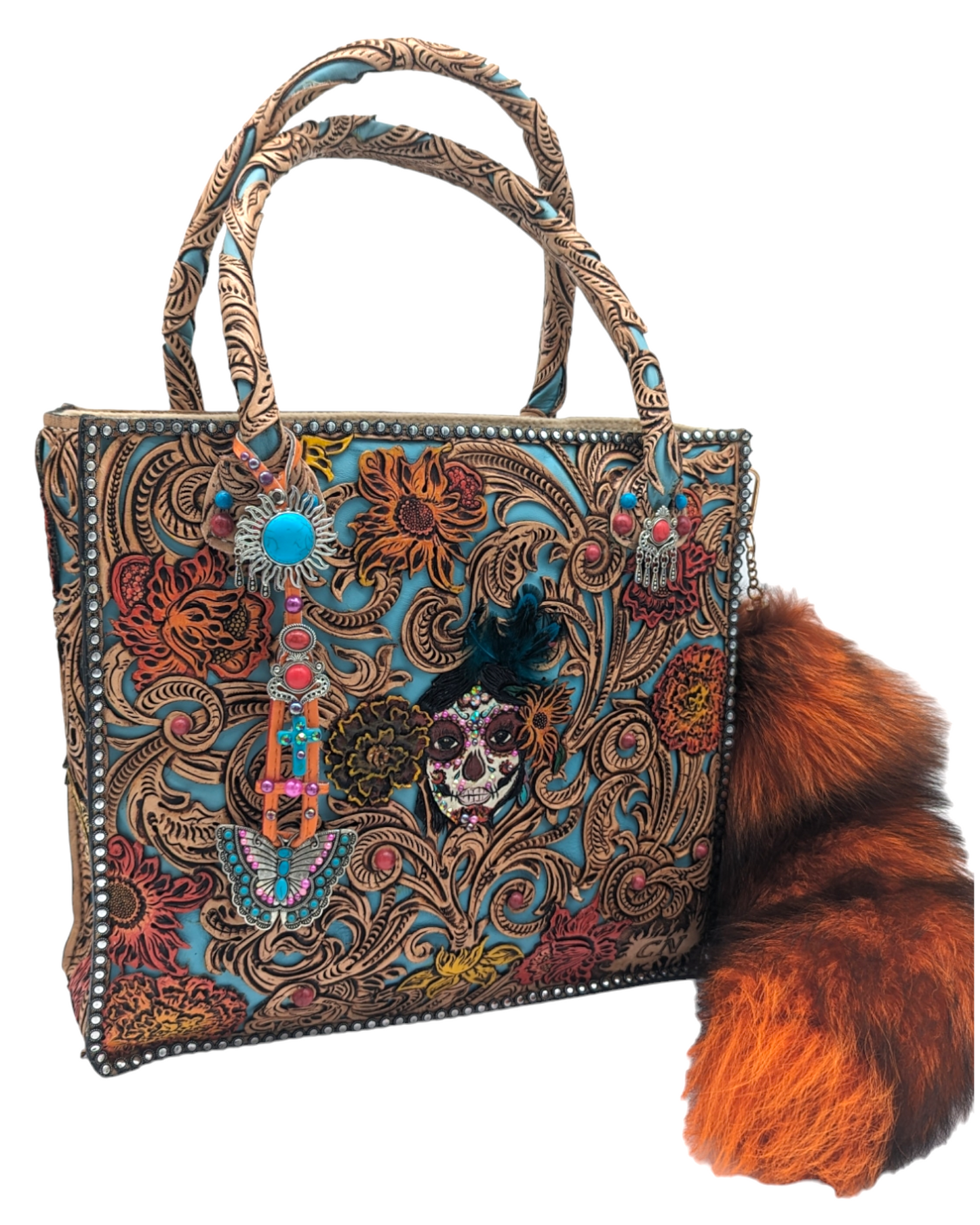 The Catrina Bag, Day of the Dead Western Hand Tooled Leather Handbag with Fox Tail and Butterfly Charm