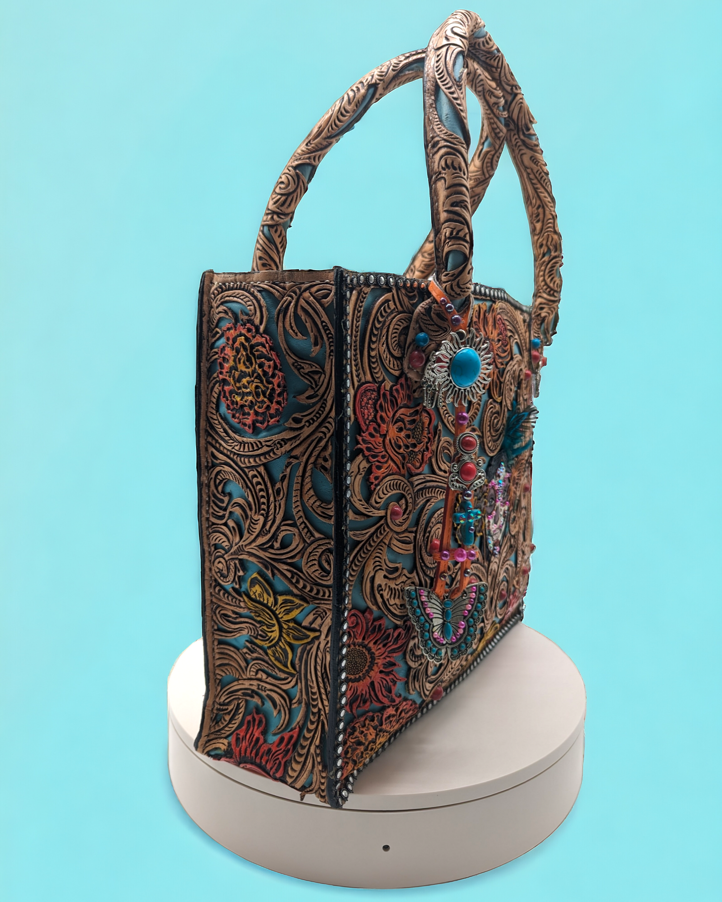 The Catrina Bag, Day of the Dead Western Hand Tooled Leather Handbag with Fox Tail and Butterfly Charm