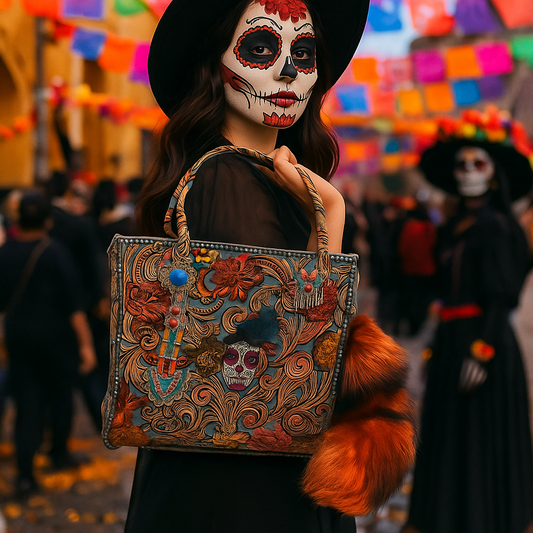 The Catrina Bag, Day of the Dead Western Hand Tooled Leather Handbag with Fox Tail and Butterfly Charm