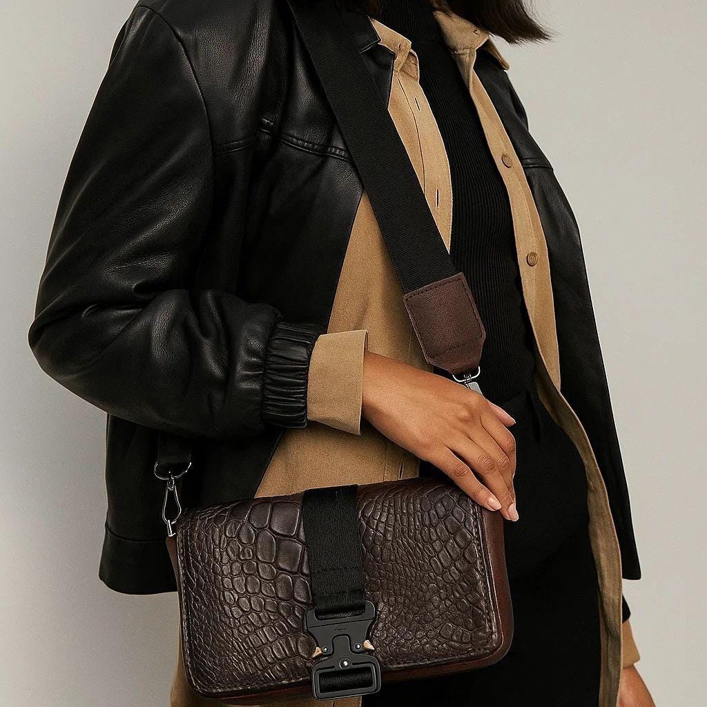 Alligator Leather Crossbody Bag, Tactical Buckle Purse, Handmade Exotic Leather Shoulder Bag, Luxury Brown Clutch, Artisan Unisex Gift