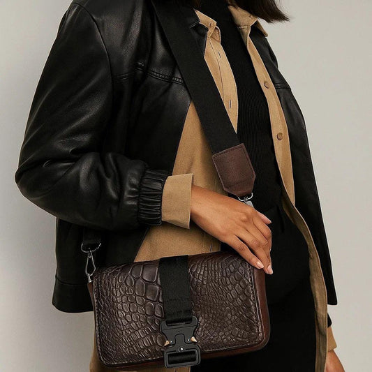 Alligator Leather Crossbody Bag, Tactical Buckle Purse, Handmade Exotic Leather Shoulder Bag, Luxury Brown Clutch, Artisan Unisex Gift