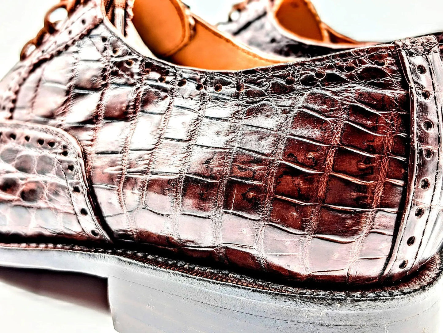 Handmade Alligator Belly Leather Oxford Shoes Size 12 in Mahogany Brown