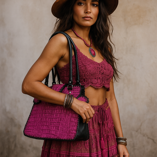 Trifecta Alligator Shoulder Bag in Fuschia