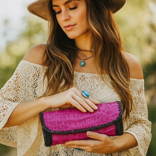Trifecta Alligator Clutch in Fuscia and Artisan Whipstitch Leather