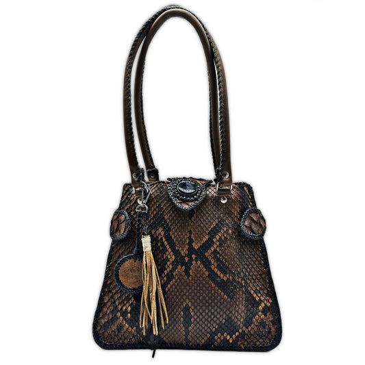 Trifecta Snakeskin Shoulder Bag in Taupe and Obsidian Stone