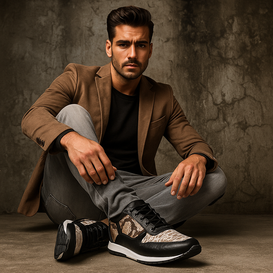 Natural Snakeskin and Black Leather Lace Up Sneaker Shoes