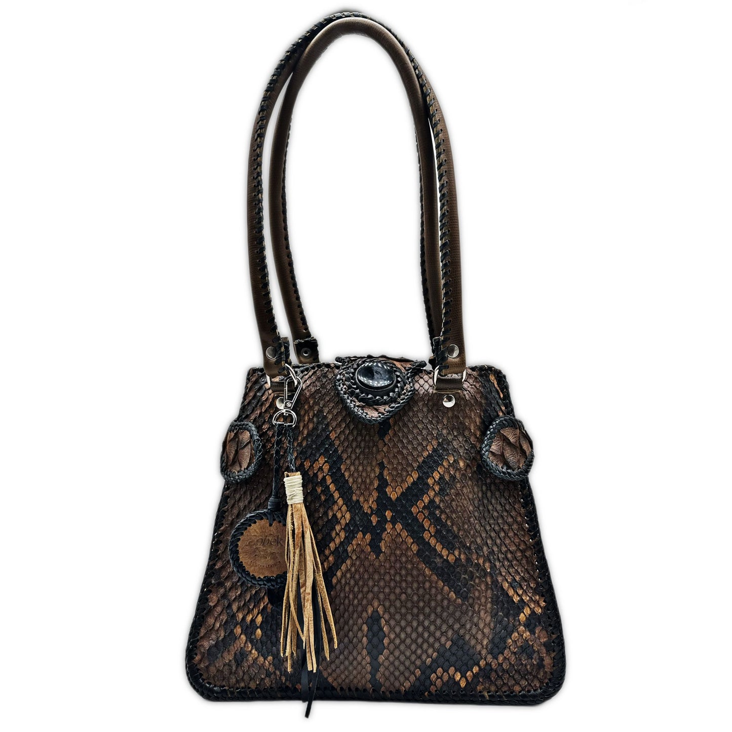 Trifecta Snakeskin Leather Shoulder Bag in Taupe and Obsidian Stone