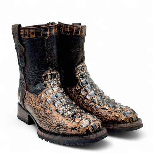 Sobek Leather – Men’s 14 US Genuine Alligator Hornback Cowboy Boots | Dubai Toe | Dark Brown Shaft | Goodyear Welt | Antique Lug Sole