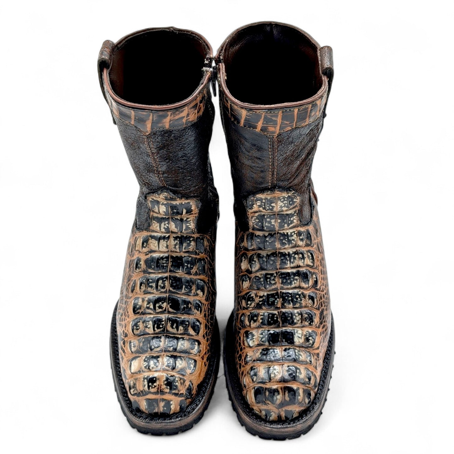 Sobek Leather – Men’s 14 US Genuine Alligator Hornback Cowboy Boots | Dubai Toe | Dark Brown Shaft | Goodyear Welt | Antique Lug Sole