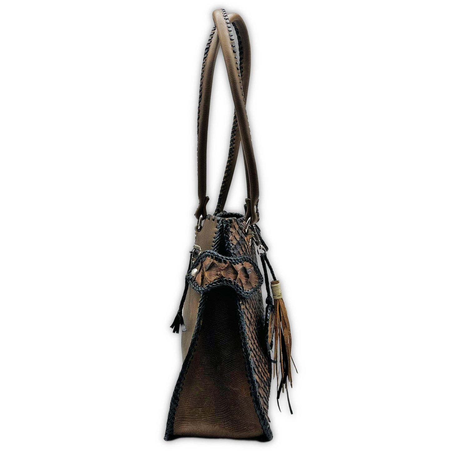 Trifecta Snakeskin Leather Shoulder Bag in Taupe and Obsidian Stone