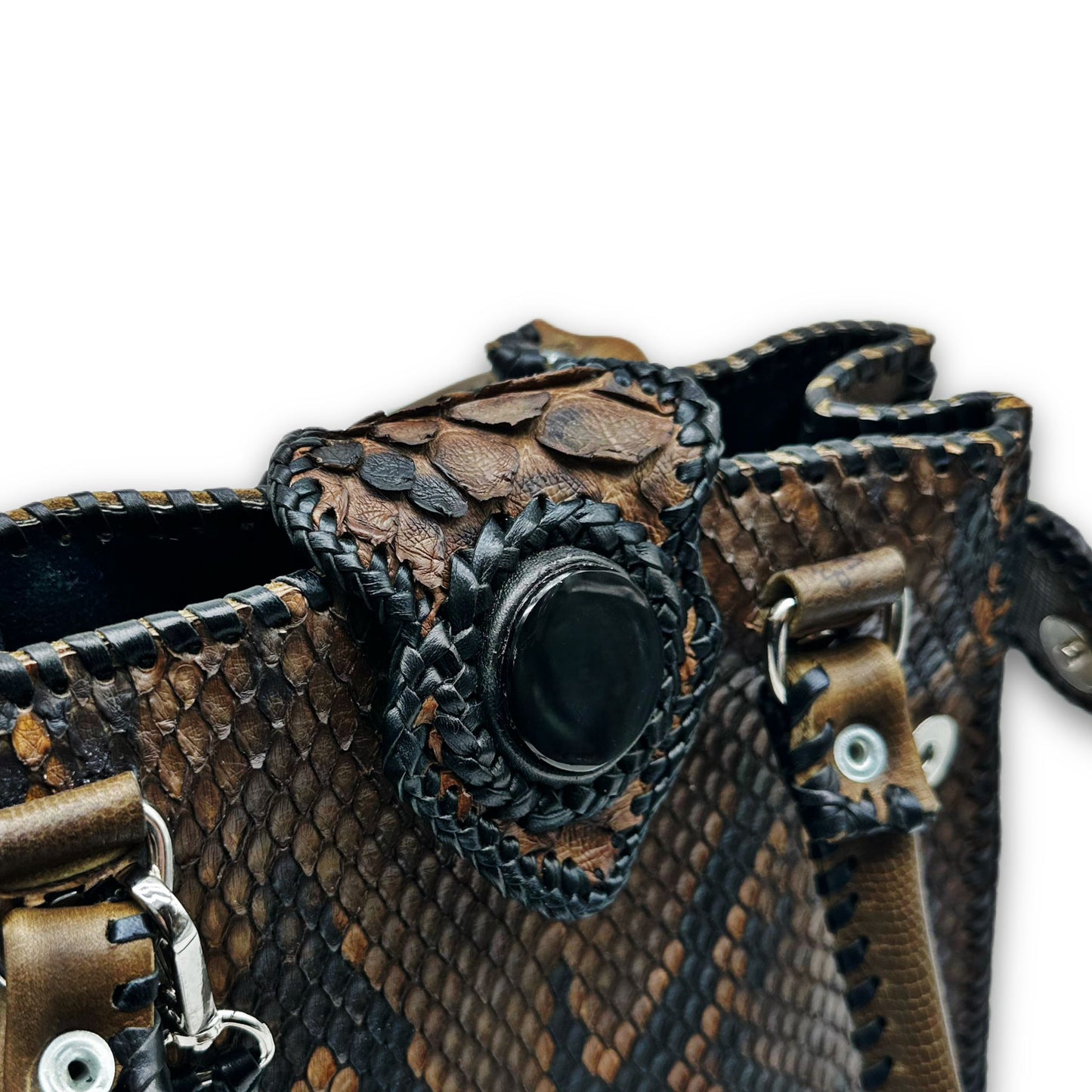 Trifecta Snakeskin Leather Shoulder Bag in Taupe and Obsidian Stone