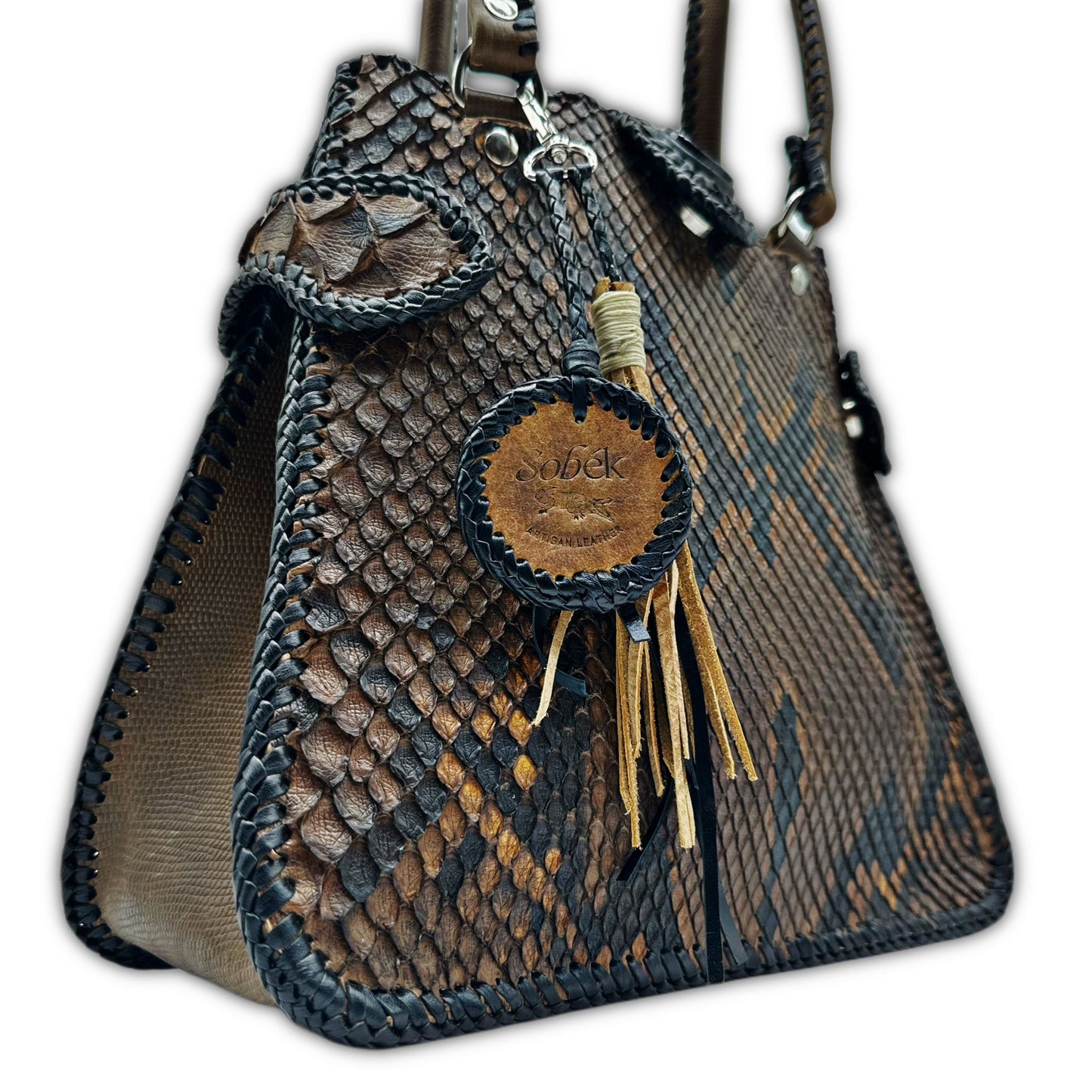 Trifecta Snakeskin Leather Shoulder Bag in Taupe and Obsidian Stone