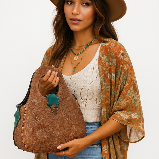 Blossom Floral Tooled Leather Round Top Handle Purse
